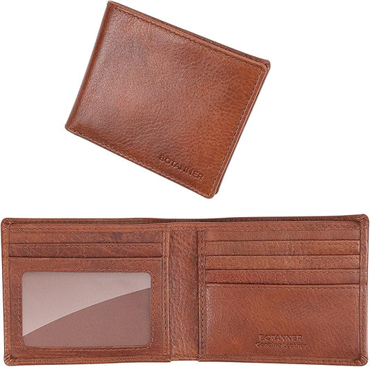Genuine Leather Mens Bifold Wallet RFID Blocking 5 Credit Card Slots 1 ID Window 2 Sections for Bills 2 Additional Slots | Coffee brown