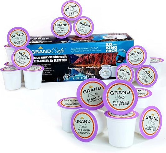 Grand Cafe - 20 Pack K-Cup Cleaner and Rinse for Keurig Single Serve Brewer Machines - 2.0 Compatible