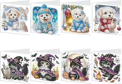8pcs Diamond Painting Greeting Cards- Christmas Puppy & Halloween Kitten Cards for Blessings and Wishes, Special Shape Crystal Partial, Paper Material, DIY Gifts for Christmas Day Halloween