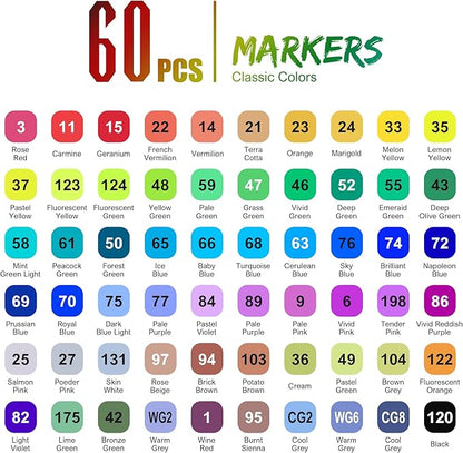 cloudriver Alcohol Markers Brush Tip, 60 Colors Dual Tip Art Markers For Adults Coloring Books Illustration Craft Card Making