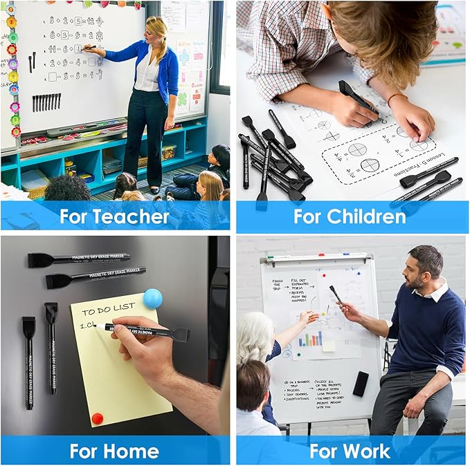 maxtek 24 Count Magnetic Black Dry Erase Markers, Fine Tip Whiteboard Markers with Eraser, Thin Markers Low Odor for Classroom, Office, Home