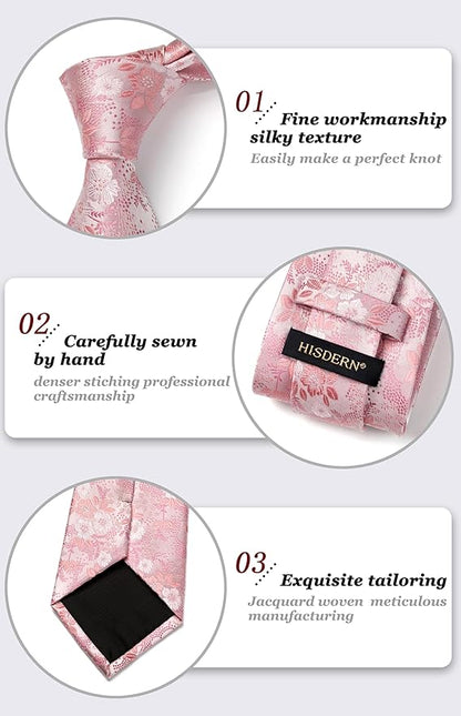 HISDERN Men Floral Ties Woven Classic 3.4" Necktie Set Formal Tie Pocket Square for Wedding with Handkerchief Gift Box