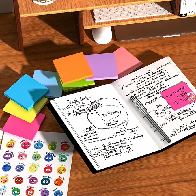 Sticky Notes 3x3 inch, 480 Sheets Colorful Sticky Notes Bulk with 200 Emotional Stickers，2 Pens, Cute Note Taking Self-Adhesive Notes Office，Teacher Supplies, Back to School Essentials
