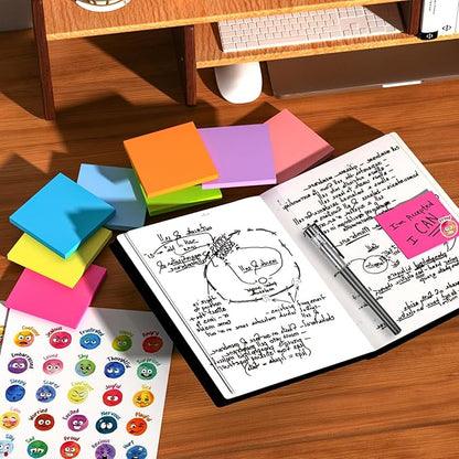 Sticky Notes 3x3 inch, 480 Sheets Colorful Sticky Notes Bulk with 200 Emotional Stickers，2 Pens, Cute Note Taking Self-Adhesive Notes Office，Teacher Supplies, Back to School Essentials