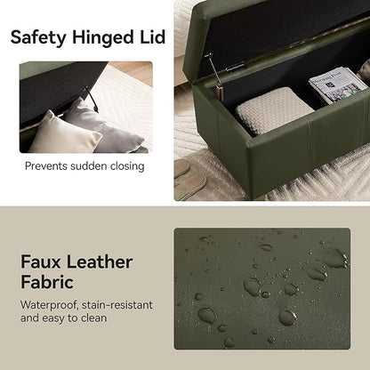 51" Faux Leather Storage Ottoman, Stitch Tufted Rectangle Upholstered End of Bed Storage Bench, Entryway Large Couch Ottoman with Wooden Legs,Green
