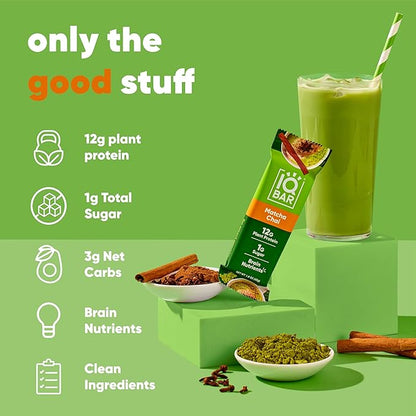 IQBAR Brain and Body Plant Protein Bars - Matcha Chai - 24-Count - Keto, Vegan, Low Carb, High Fiber, Gluten Free, Dairy Free, Low Sugar Snack with Nutrients for Focus, Energy, Meal Replacement