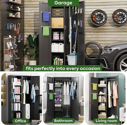 Broom Closet Storage Cabinet with 5 Pegboard, Hanging Rod &13 Hooks, Utility Metal Garage Storage Cabinets with Doors and 4 Shelves for Garage Home Office, Black,71.4" H x 31.5" W x 15.7" D