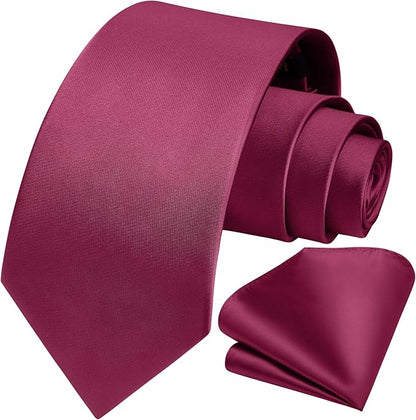 HISDERN Mens Solid Color Ties Formal Satin Necktie and Pocket Square Set Classic Wedding Business Tie & Handkerchief