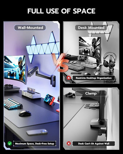ARES WING Monitor Wall Mount for 24-57 Inch Ultrawide Gaming Screens, Premium Heavy Duty Monitor Arm Holds 60 lbs, Full Motion Gas Spring, Bearing Head for Easy Adjustment, 75/100 VESA Mount, Black