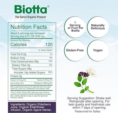Biotta Organic Elderberry Juice - Naturally Sweetened Fruit Juice For Optimal Immune Support Function - With Immunity Boosting Elderberries - Good Source of Potassium (16.9 Fl Oz, Pk of 6)