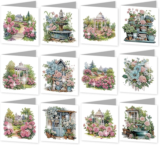 jinglinhh 12pcs Diamond Art Painting Garden Flowers Greeting Cards with Envelopes, DIY Card Making Kits for Adults, Diamond Art Postcards Christmas Cards Craft Gifts
