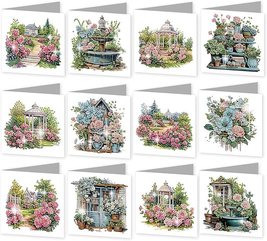 jinglinhh 12pcs Diamond Art Painting Garden Flowers Greeting Cards with Envelopes, DIY Card Making Kits for Adults, Diamond Art Postcards Christmas Cards Craft Gifts