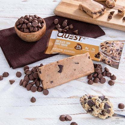 Quest Nutrition Chocolate Chip Dough Cookie Protein Bars, 21g Protein, 1g Sugar, 4g Net Carb, High Fiber, Gluten Free, Keto Friendy, 12 Count