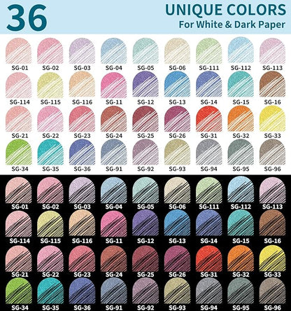 Glitter Gel Pens, 36 Pack Colored Pens for Black Paper & White Paper, 1.0mm Point Pens, Large Capacity Ink Pens for Coloring, Writing, Drawing, Journaling, Note Taking, School, Office, Home