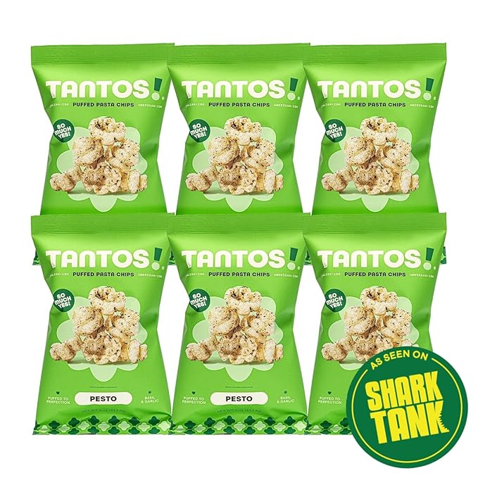 Tantos! Puffed Pasta Chips, Healthy Pasta Snack by Top Chef Joe Sasto, As Seen on Shark Tank, Plant Based, Low Calorie, Crunchy Chips, Variety Pack, Marinara, Pesto, Cacio e Pepe, Classico, Gourmet Bold Flavors, 1 oz 6 Pack of Pesto