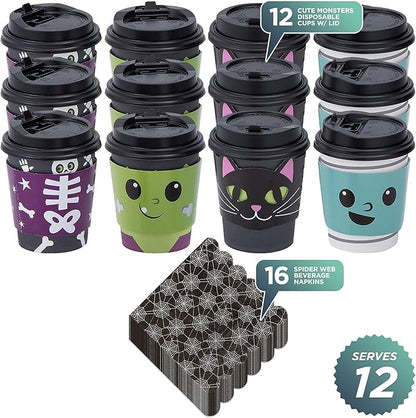 HOME & HOOPLA Halloween Party Cute Monster Disposable Hot Chocolate & Cider Cups With Lids and Scalloped Spider Web Beverage Napkins, 9 Ounce Size (Serves 12)