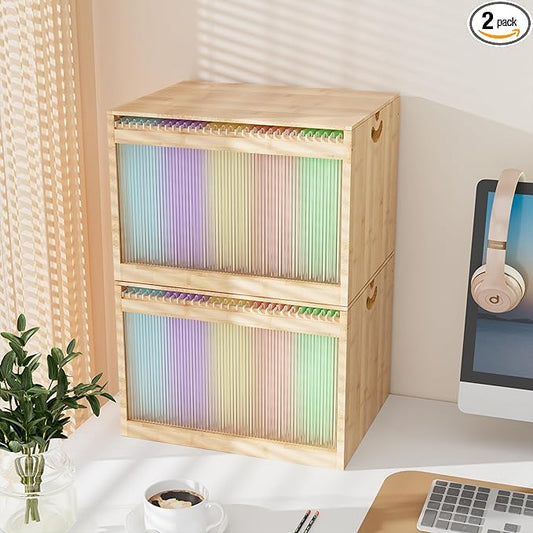 Bamboo Hanging File Boxes with Lids 2 Pack, File Organizer Box for Letter/Legal File, File Box with Hanging Folders Acrylic Light Easy Assembly File Storage Boxes for Home Office, Natural
