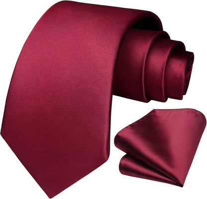 HISDERN Mens Solid Color Ties Formal Satin Necktie and Pocket Square Set Classic Wedding Business Tie & Handkerchief