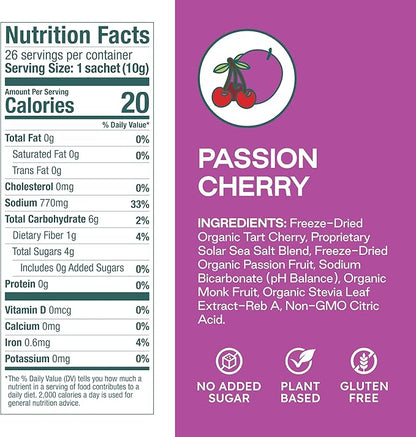 Organic Passion Cherry Hydration Powder Packets with Solar Sea Salts & Organic Freeze-Dried Fruit for Instant Hydration, No Added Sugar Electrolytes, 26 Packets