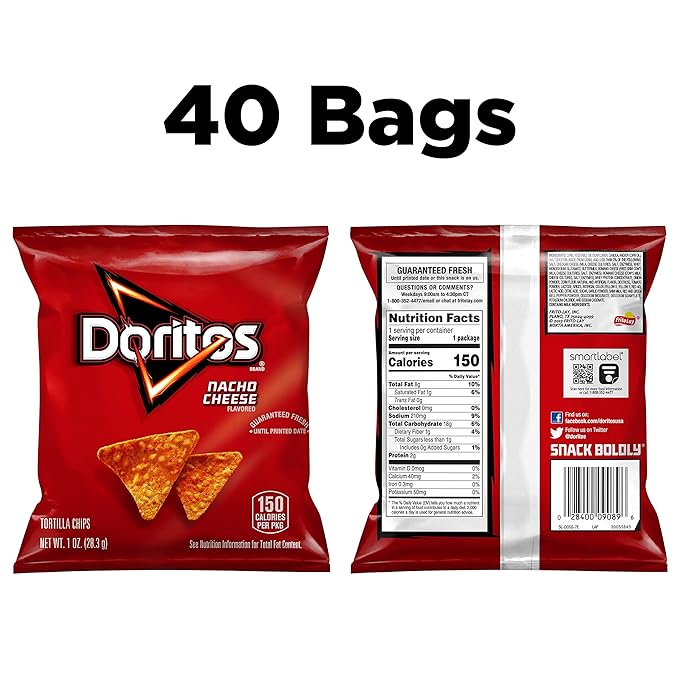 Doritos Flavored Tortilla Chips, Nacho Cheese, 1 Ounce (Pack of 40)