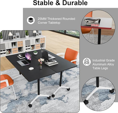 Folding Conference Table, 6 Pack Foldable Rolling Conference Room Tables Meeting Seminar Table Modern Conference Training Table for Office Classroom(Black, 70.8IN, 4)
