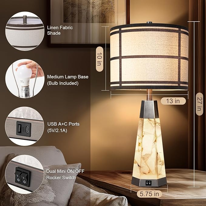 27" Natural Alabaster Table Lamps for Living Room, Bedroom Lamps Set of 2 with Night Light, Living Room Lamps with USB A+C Ports, Table Lamp with Linen Shade for Bedside (Bulbs Included)