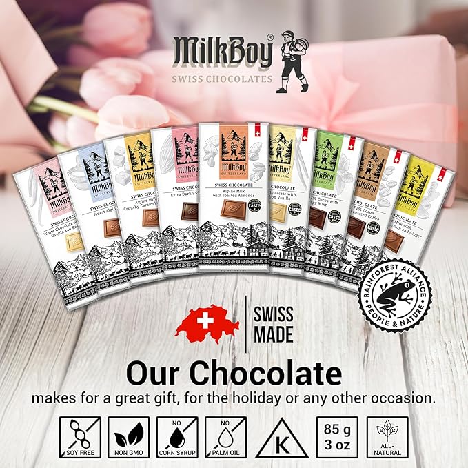 Milkboy Swiss Chocolates Milk Chocolates - Alpine Milk Chocolate Bars with Crunchy Caramel Sea Salt - Gluten-Free Non-GMO All Natural - Made in Switzerland - 3 oz, Pack 10