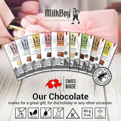 Milkboy Swiss Chocolates Milk Chocolates - Alpine Milk Chocolate Bars with Crunchy Caramel Sea Salt - Gluten-Free Non-GMO All Natural - Made in Switzerland - 3 oz, Pack 10
