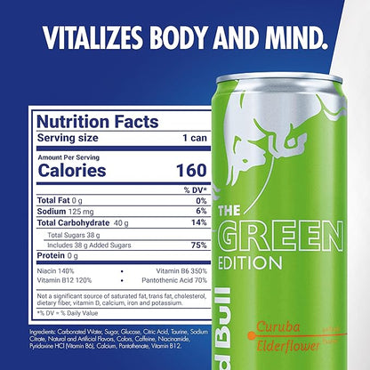 Red Bull Green Edition Energy Drink, Curuba Elderflower, with 114mg Caffeine plus Taurine & B Vitamins, 12 Fl Oz, Pack of 24 Cans