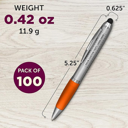 DISCOUNT PROMOS 100 Stylus Ballpoint Pens in Assorted Colors Pack - Customizable Text, Logo - Two in One, Ergonomic, Black Ink - Assorted