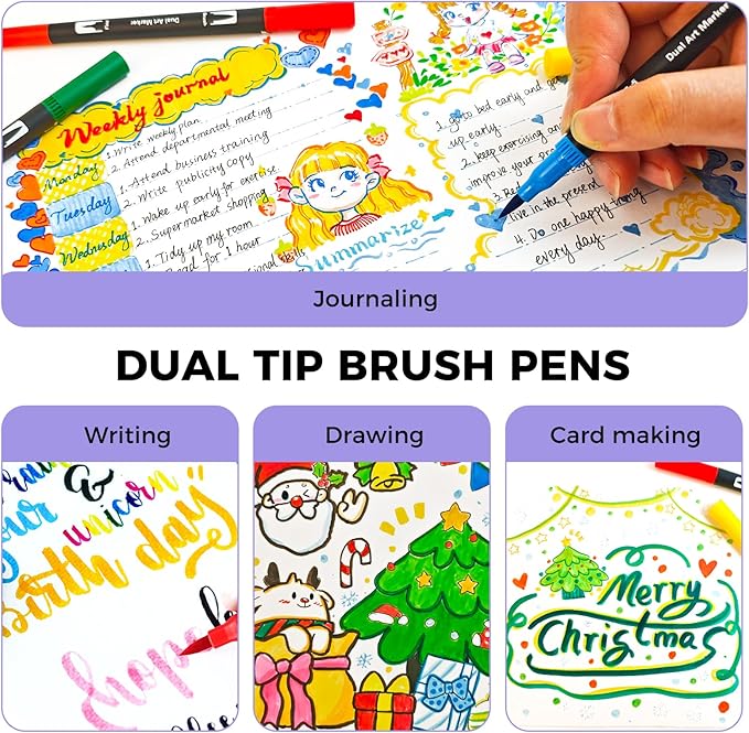 Artecho 24 Colors Markers for Adult Coloring Books, Dual Tip Markers for School, Fine and Brush Tip for Adults Coloring Books, Calligraphy, Drawing, Sketching