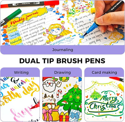 Artecho 24 Colors Markers for Adult Coloring Books, Dual Tip Markers for School, Fine and Brush Tip for Adults Coloring Books, Calligraphy, Drawing, Sketching