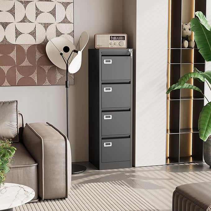4 Drawer File Cabinet with Lock, Metal Filing Cabinets, Vertical Small Filing Cabinet Steel Lockable Storage Cabinets for Home Office to Organization Hanging Letter/Legal/F4/A4