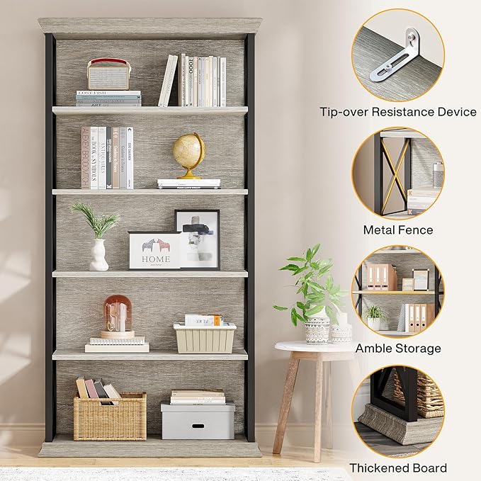 Tribesigns 6-Tier Bookcase, 71 Inches Industrial Bookshelves and Bookcases, Floor Standing 5 Shelf Display Storage Shelves Tall Bookcase for Home Office, Living Room, Bed Room, Grey and Black