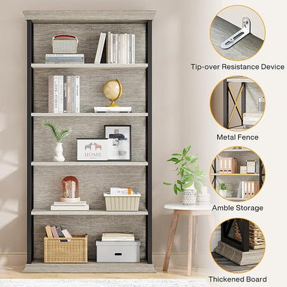 Tribesigns 6-Tier Bookcase, 71 Inches Industrial Bookshelves and Bookcases, Floor Standing 5 Shelf Display Storage Shelves Tall Bookcase for Home Office, Living Room, Bed Room, Grey and Black