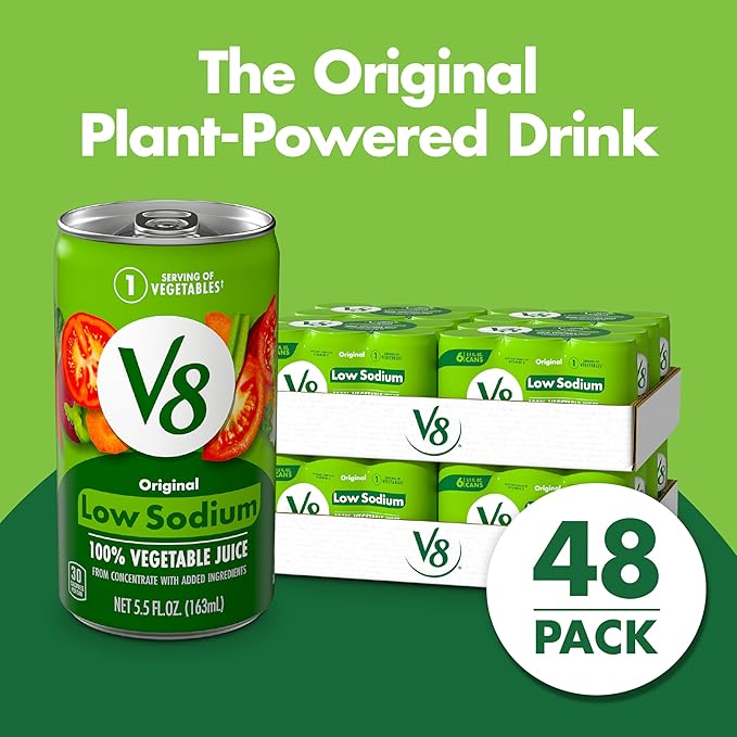 V8 Low Sodium Original 100% Vegetable Juice, Vegetable Blend with Tomato Juice, 5.5 FL OZ Can (8 Packs of 6)