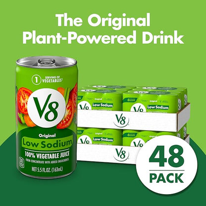 V8 Low Sodium Original 100% Vegetable Juice, Vegetable Blend with Tomato Juice, 5.5 FL OZ Can (8 Packs of 6)