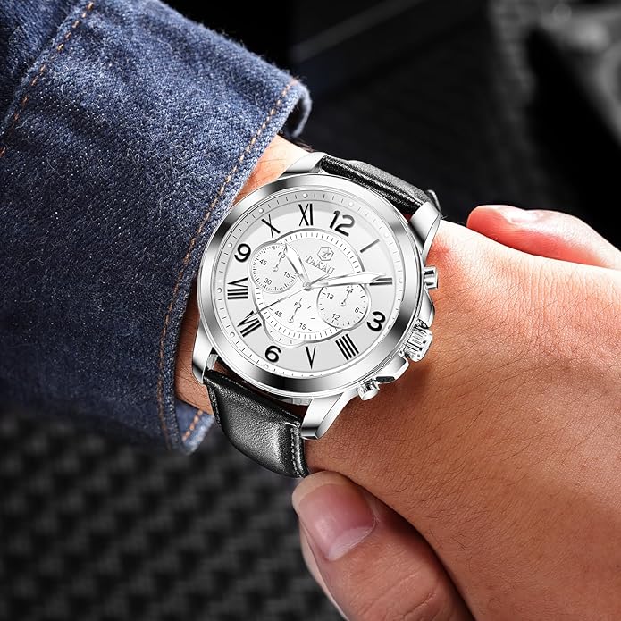 Mens Watches Luxury Dress Waterproof Leather Watch with Date Day Analog Quartz Large Number Wrist Watch Casual Classic Luminous Scales Big Face Easy Read Reloj para Hombre