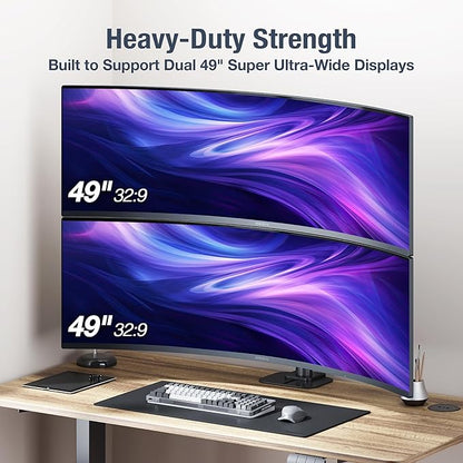 AVLT Dual 49 Inch Stacking Monitor Pole Mount - Stack 44 lbs Super Ultrawide Screens on Heavy-Duty Pole, Height Tilt Swivel Rotate Adjustment, C-clamp and Grommet Mounting Base, VESA Compatible