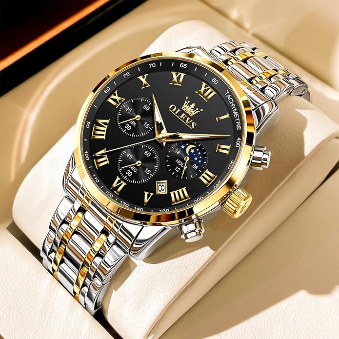 OLEVS Mens Stainless Steel Chronograph Watch, Big Face Roman Numerals Date Analog Quartz Dress Watches for Men, Fashion Multifunctional Waterproof Luminous Hands Men's Wristwatch
