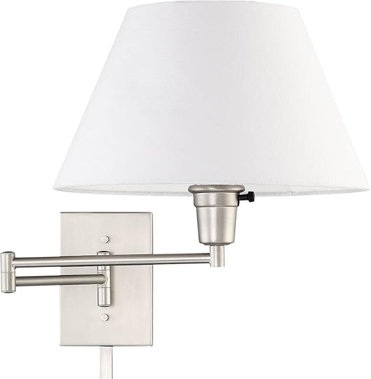 Kira Home Cambridge 15" Swing Arm Wall Lamp - Plug in/Wall Mount + White Fabric Shade, 150W 3-Way + Cord Covers, Satin Nickel Finish