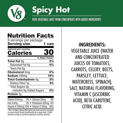 V8 Spicy Hot 100% Vegetable Juice, 5.5 fl oz Can (6 Packs of 8 Cans)