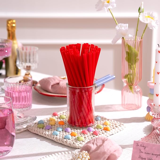 JOYIN 50 Pcs Valentine's Day Heart Shaped Red Straws, 8.3” Plastic Heart Straws Disposable & Reusable, Valentines Day Birthday Wedding Party Bridal Shower Cocktail & Soft Drinks Tableware Supplies