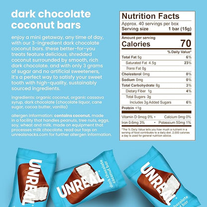 UNREAL Dark Chocolate Coconut Bars (40 Mini Bars) | Vegan, 3g Sugar, & 3 Simple Ingredients | Non-GMO, Gluten Free, & Fair Trade | .53oz each