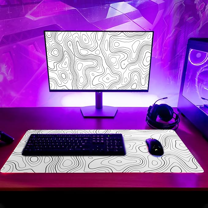 Topographic Contour Gaming Mouse Pad White Large Mouse Pad for Keyboard and Mousepad Desk Mat with 3mm Non-Slip Base and Stitched Edge for Gaming and Office Computer Mat Protector Mat 27.6x11.8 Inch
