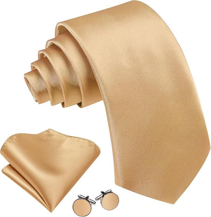 Barry.Wang Tie Sets for Men Silk Solid Necktie Stain Ties Handkerchief Pocket Square Cufflinks Wedding Business Dyed