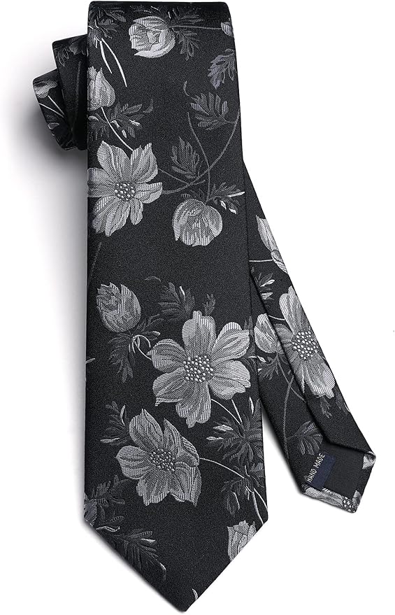 HISDERN Men Floral Ties Woven Classic 3.4" Necktie Set Formal Tie Pocket Square for Wedding with Handkerchief Gift Box