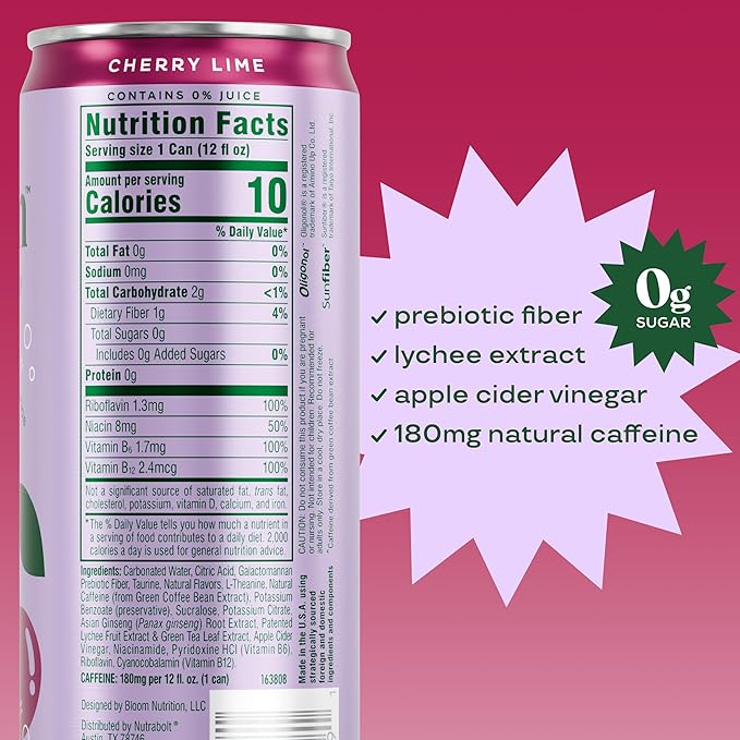 Bloom Nutrition Sparkling Energy Drink for Focus, Natural Caffeine, Zero Sugar, 180mg Caffeine, Antioxidant-Rich with Green Coffee Bean, Green Tea Extract, & Prebiotics, Cherry Lime 12oz 24 Pack