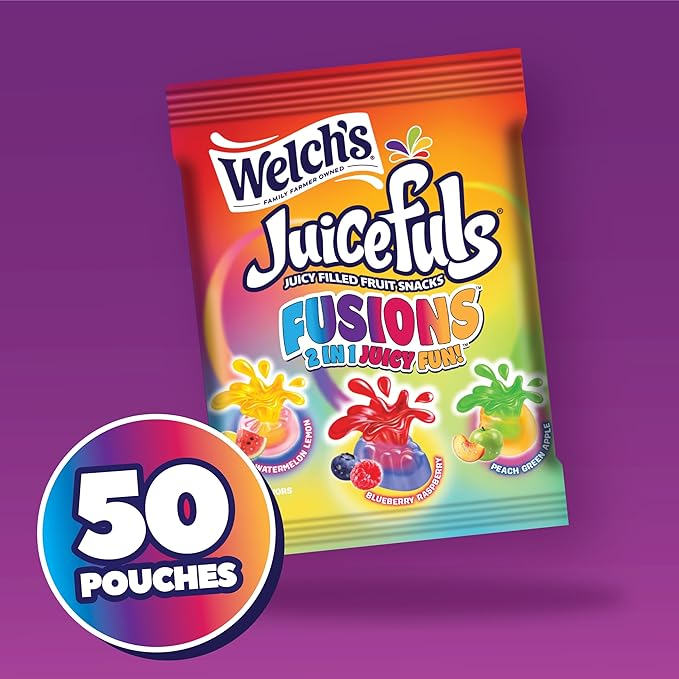 Welch's Fruit Snacks, Juicefuls Fusions, Assorted Fruit Flavor, Stocking Stuffers, Bulk Pack, Gluten Free, Natural Colors & Flavors, 0.8oz (Pack of 50)