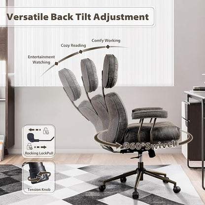 HOOOWOOO Ergonomic Mid Century Modern Office Chair, Comfy Executive Chair with Extra Wide Tufted Cloudy Seat, Lumbar Support, High Reclining Back, Suede Leather Grey